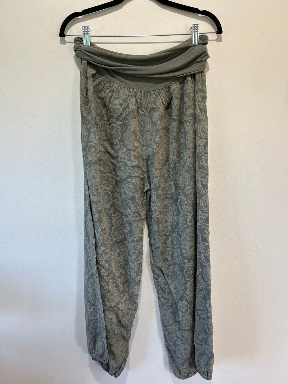 Womens cotton blend pants size S green harem jogger elastic foldover boho